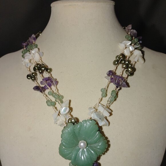 Vintage Floral Flower Necklace Gemstone MOP Shell Aventurine Pearl Amethyst - Picture 4 of 16
